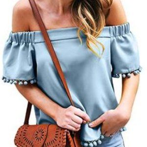 Off the Shoulder Short Sleeve Tassel Trim Blouse